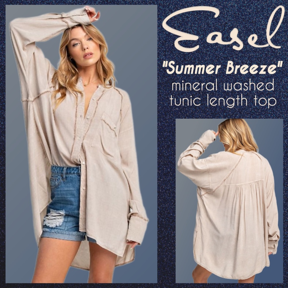 EASEL "Summer Breeze" Mineral Washed Frayed Seams Button Up Tunic Top Side Slits